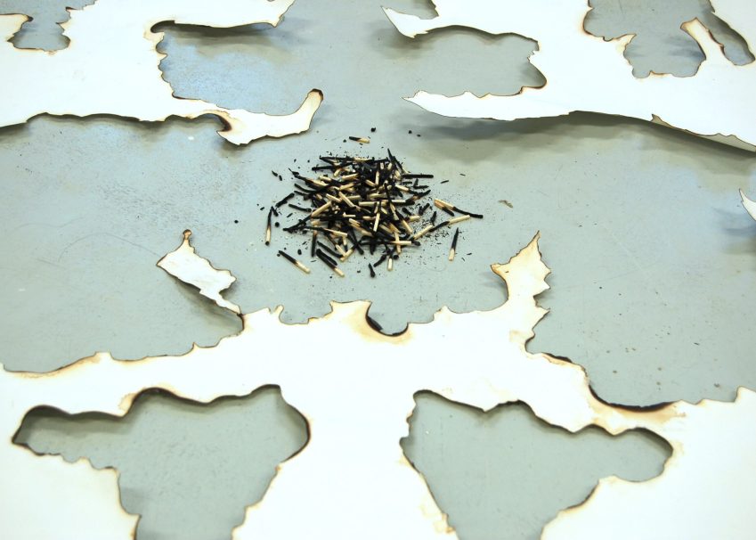 Burned Rorschach. 2012. Detail of Fire Drawing. Count Backwards. Galleri 21, Malmø