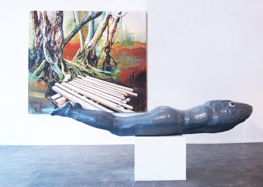 Myrane flyttar meg planlaust vekk. 2013. Acrylic painting. 160 x140 cm. Sculpture 160 x 54 x 56 cm. Galleri Giga. Galleri S.E